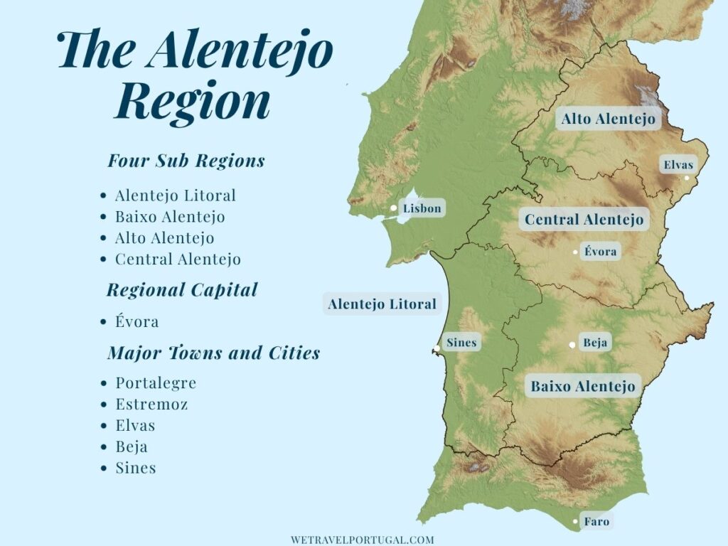 Map of Alentejo, with sub regions and major cities